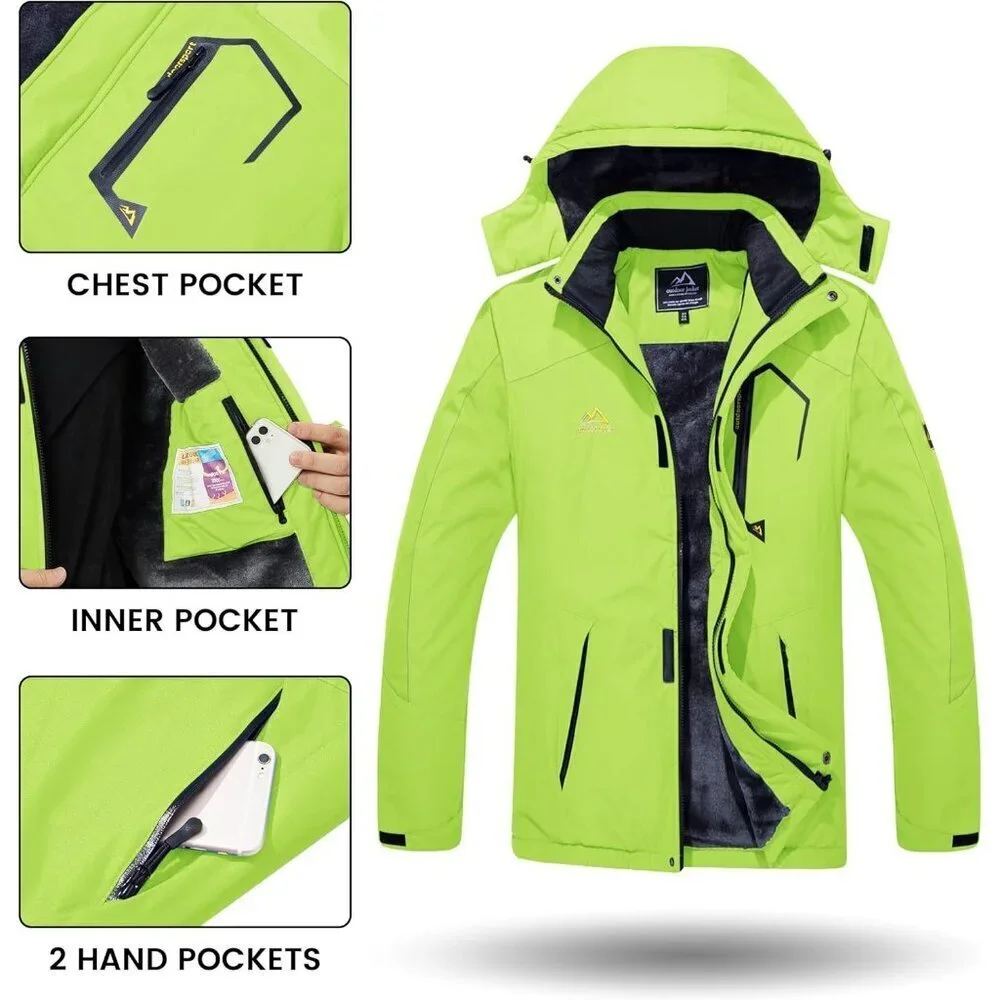 Men's #215 Bright Green Winter Ski Jacket Water Resistant Fleece Hooded Parka